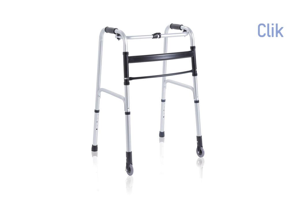 Deambulatore pieghevole in alluminio anodizzato – 2 puntali e 2 ruote fisse Ø 7 cm – Serie Click