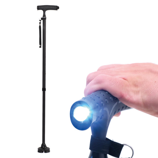 Bastone da Passeggio Pieghevole con Luce a LED, Leggero in Alluminio, 10 Altezze Disponibili, Base Antiscivolo e Ruotabile a 360°, Portata 113 Kg, Colore Nero Azione Salute