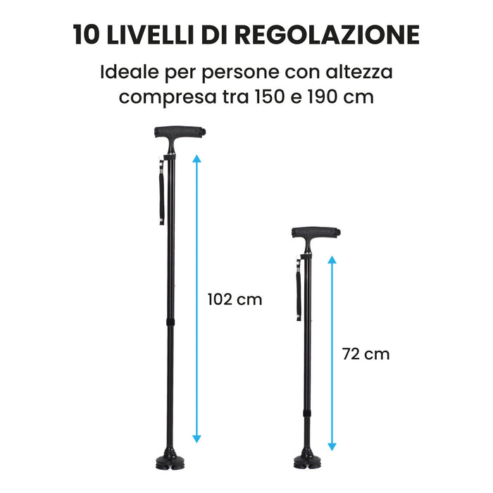 Bastone da Passeggio Pieghevole con Luce a LED, Leggero in Alluminio, 10 Altezze Disponibili, Base Antiscivolo e Ruotabile a 360°, Portata 113 Kg, Colore Nero Azione Salute