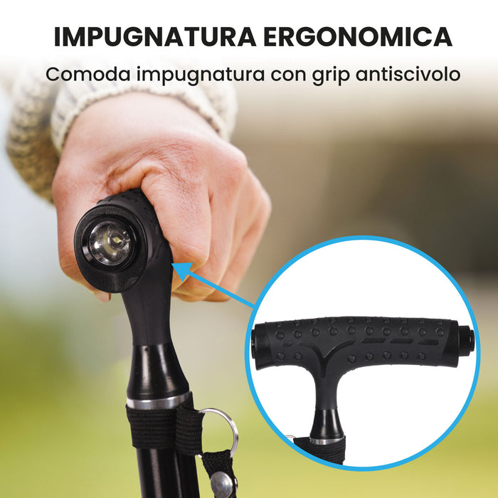 Bastone da Passeggio Pieghevole con Luce a LED, Leggero in Alluminio, 10 Altezze Disponibili, Base Antiscivolo e Ruotabile a 360°, Portata 113 Kg, Colore Nero Azione Salute