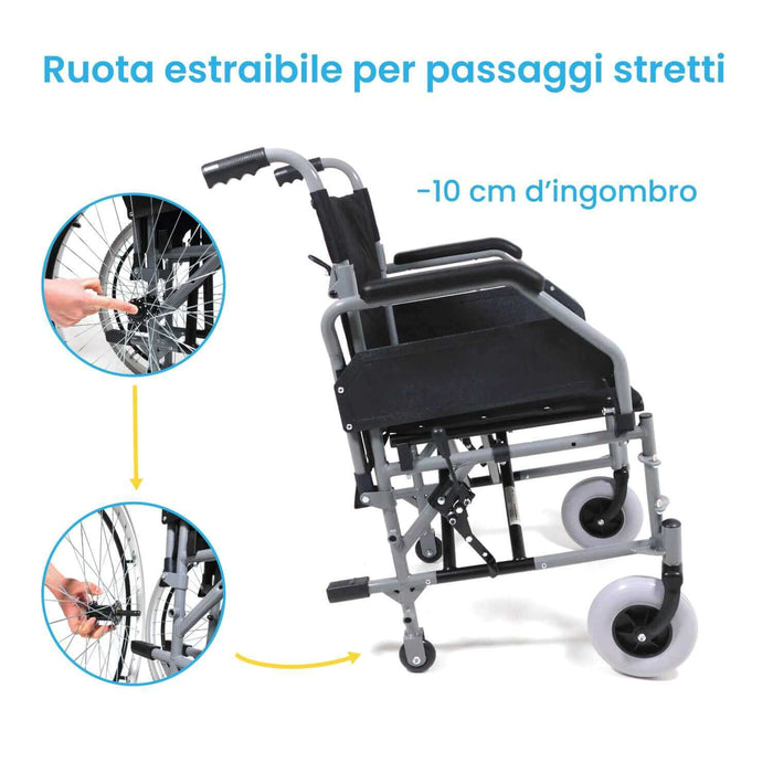 Carrozzina Pieghevole ad Autospinta per Anziani e Disabili con Braccioli Ribaltabili - COMFORT Azione Salute