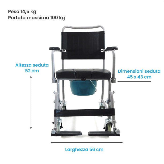 Sedia Comoda WC con Ruote Piroettanti dimensioni ridotte per disabili e  anziani