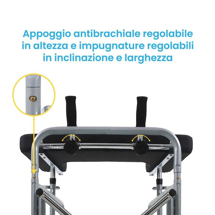 Deambulatore Antibrachiale con Appoggio, Telaio in Acciaio, 4 Ruote con Freni di Stazionamento Azione Salute