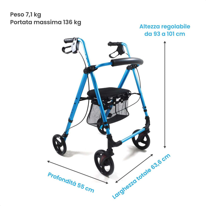 Rollator Pieghevole in Alluminio, 4 Ruote con Freni, Borsa e Sedile - ETNA Azione Salute