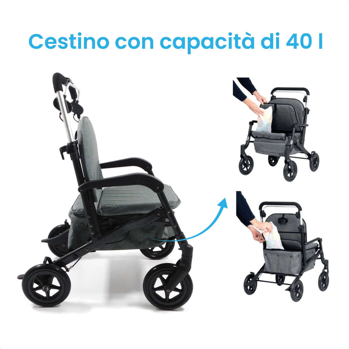 Deambulatore Pieghevole Multifunzionale, Sedile Imbottito e Cestino con Capacità 40 l - ROLLY LUX Azione Salute