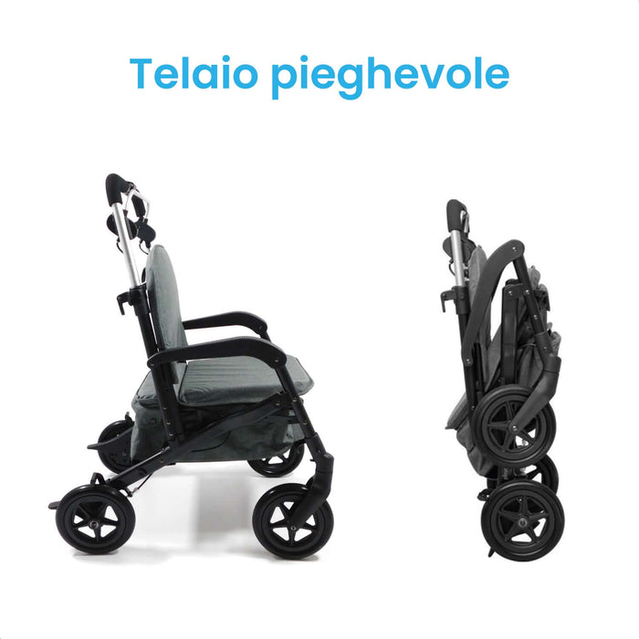 Deambulatore Pieghevole Multifunzionale, Sedile Imbottito e Cestino con Capacità 40 l - ROLLY LUX Azione Salute