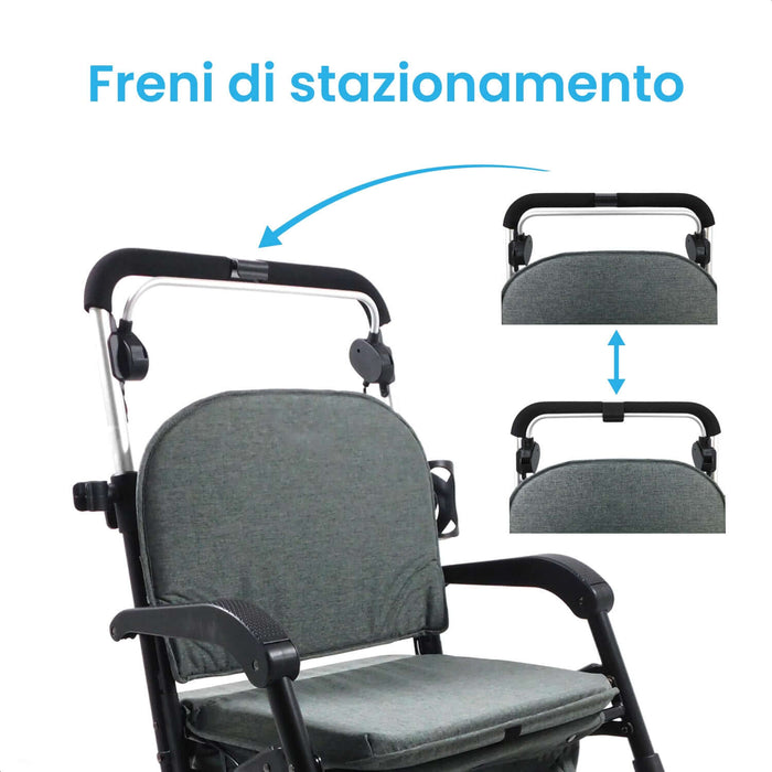 Deambulatore Pieghevole Multifunzionale, Sedile Imbottito e Cestino con Capacità 40 l - ROLLY LUX Azione Salute