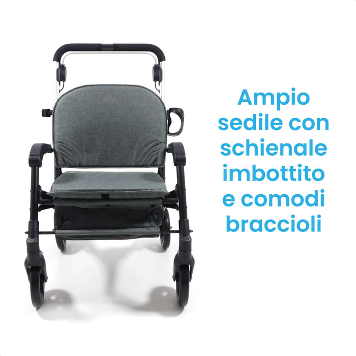 Deambulatore Pieghevole Multifunzionale, Sedile Imbottito e Cestino con Capacità 40 l - ROLLY LUX Azione Salute