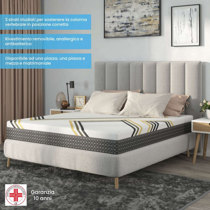 Materasso in Memory Foam Vegetale, H22 cm, 3 Strati, Rivestimento Sfoderabile Traspirante - SIRIO Matrimoniale 160 x 190 Azione Salute