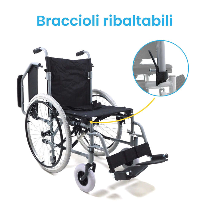 Carrozzina Pieghevole ad Autospinta per Anziani e Disabili con Braccioli Ribaltabili - COMFORT Azione Salute