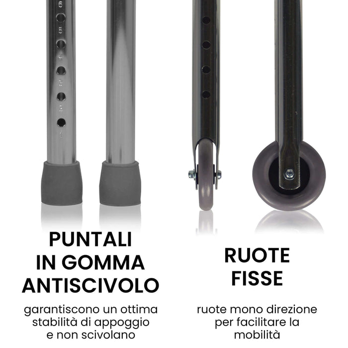 Deambulatore Pieghevole, Regolabile In Altezza Con 2 Ruote E 2 Puntali Antiscivolo Azione Salute