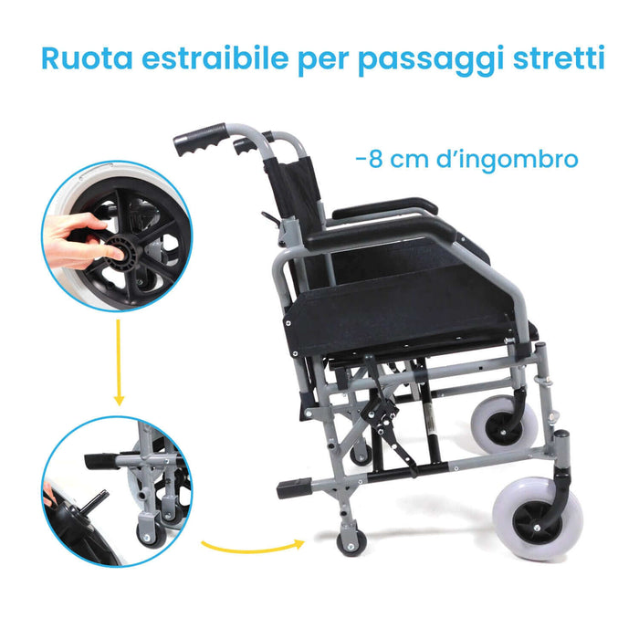 Carrozzina Pieghevole da Transito con Pedane Estraibili e Freni - COMFORT Azione Salute