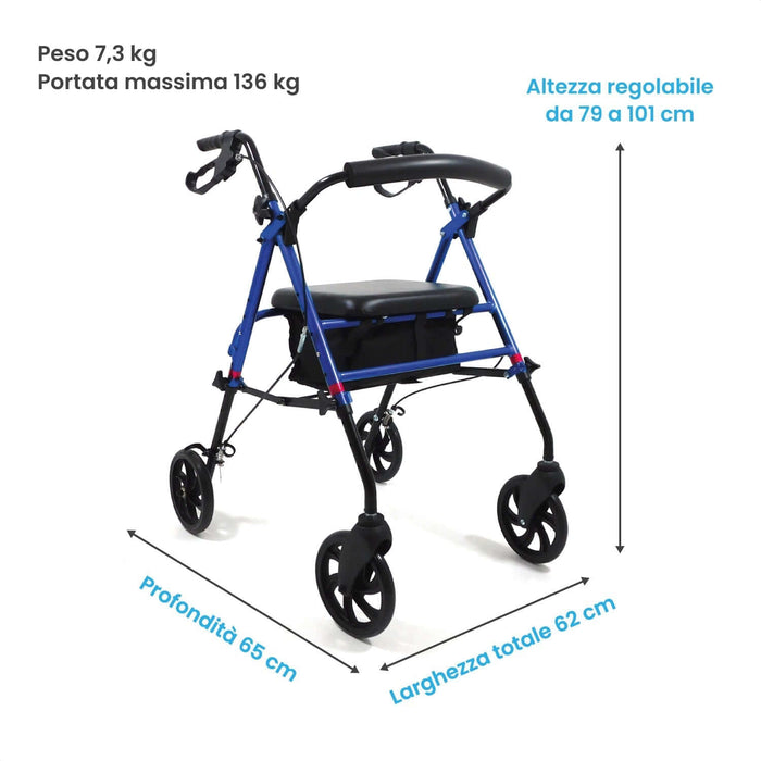Deambulatore Per Anziani Rollator Leggero 4 Ruote Pieghevole Con Borsa ROLLY BAG Azione Salute