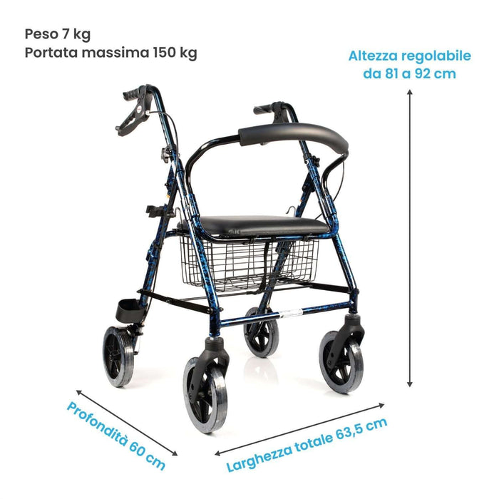 Deambulatore Per Anziani Rollator Leggero 4 Ruote Pieghevole ROLLY Azione Salute